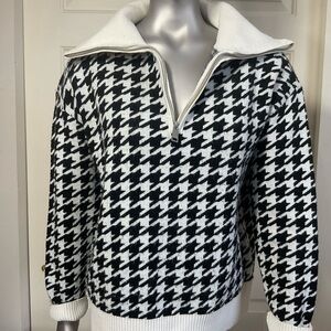 Talbots Women's size Medium Black White Houndstooth Quarter Zip Sweater